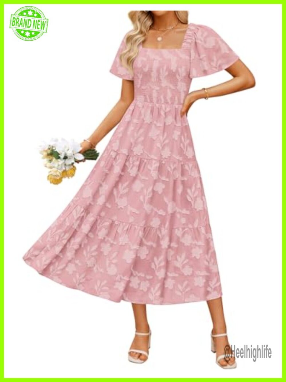 Boho Floral Midi Dress Square Neck Flowy Wedding Guest Summer